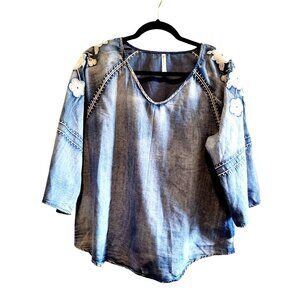 Mur Mur Embroidered Peasant Top Floral Denim Shirt Top Women Boho Chambray Women